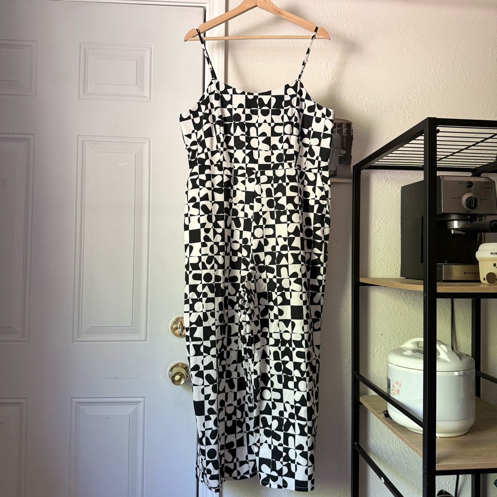 DUSEN DUSEN black white cotton checker floral sleeveless wide leg‎ jumpsuit